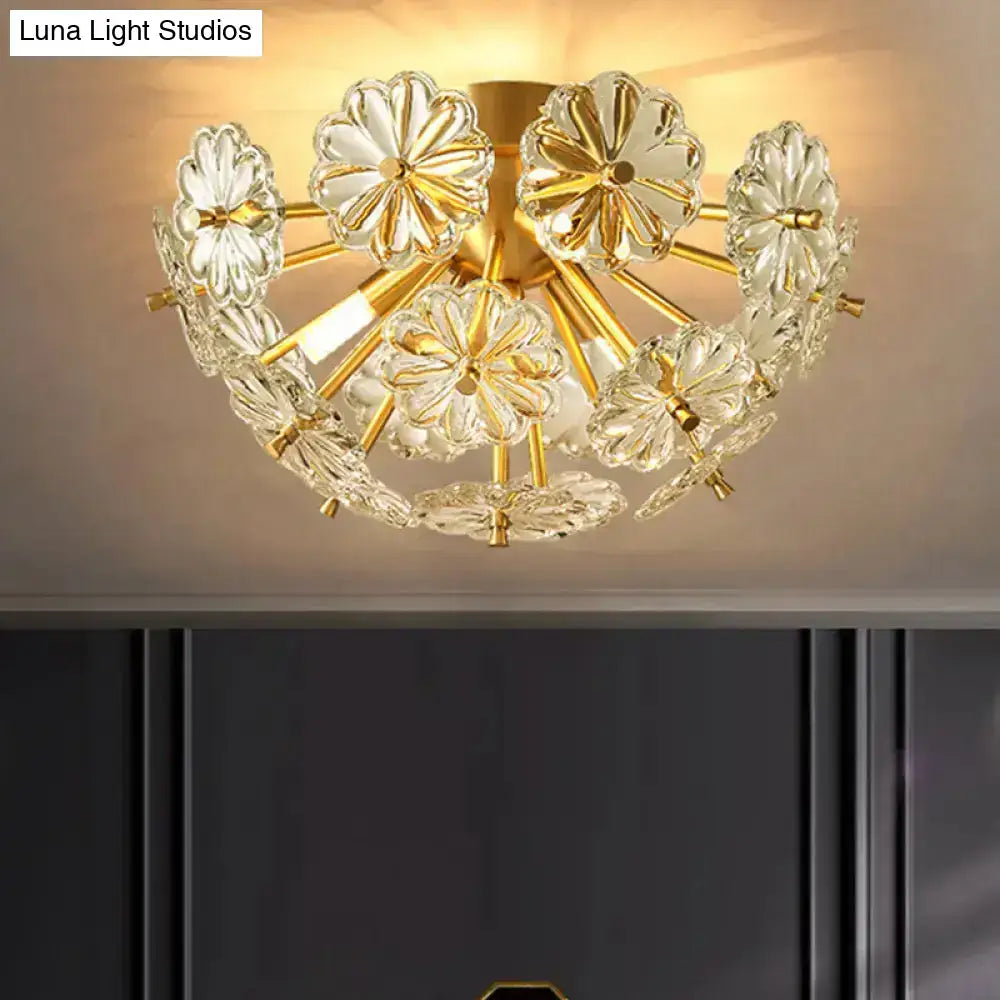 Gold-toned decorbites modern crystal bouquet ceiling lamp with clear flower-shaped glass elements and fixture height details