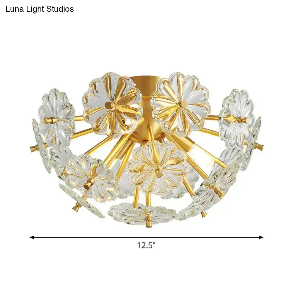 DecorBites™ modern crystal bouquet ceiling lamp gold with clear flower-shaped glass petals and fixture height details