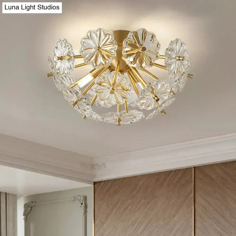 Gold-toned DecorBites™ modern crystal bouquet ceiling lamp with clear flower-shaped crystals and fixture height for bedroom lighting