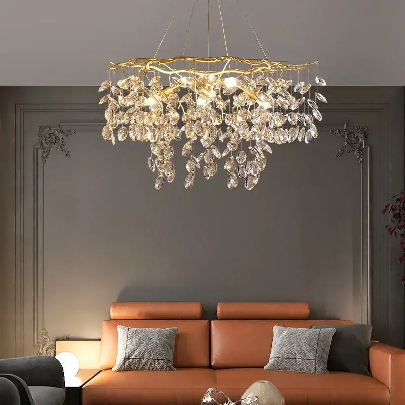 Modern gold crystal branch pendant chandelier with cascading crystal droplets for elegant dining room decorbites crystal branch