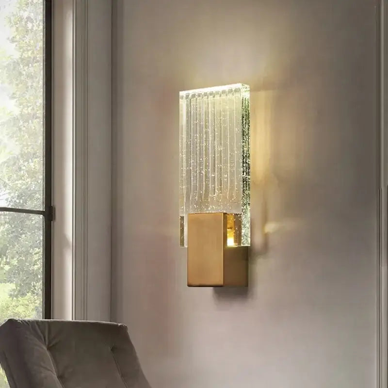 Modern gold crystal brass led wall lamp with rectangular translucent glass and fiber optic lines for luxury decorbites decor