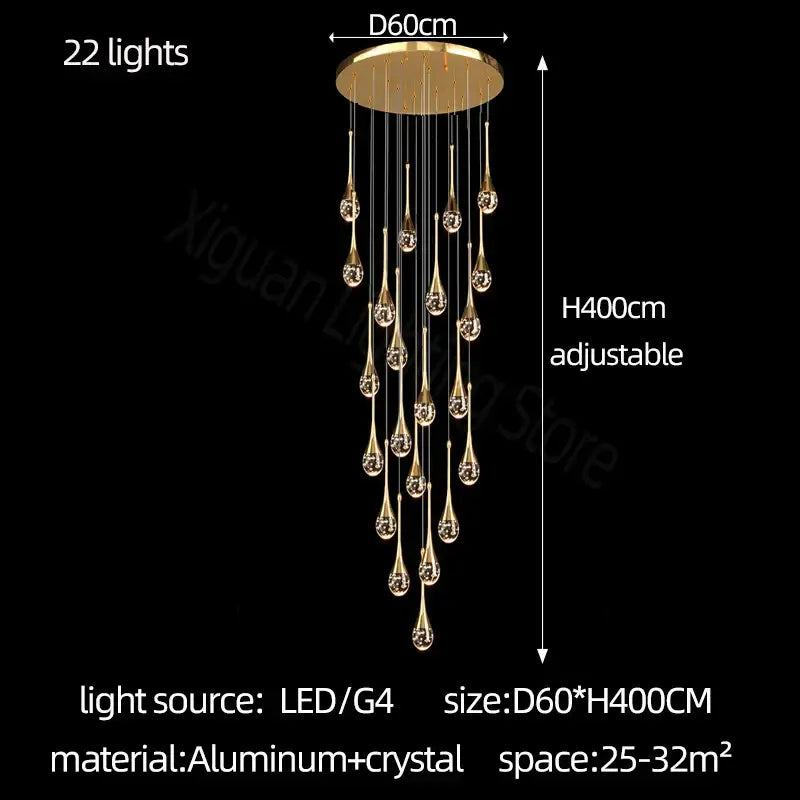 Modern gold crystal bubble chandelier with 22 teardrop-shaped crystal pendants on aluminum mount for dining room decorbites crystal bubble