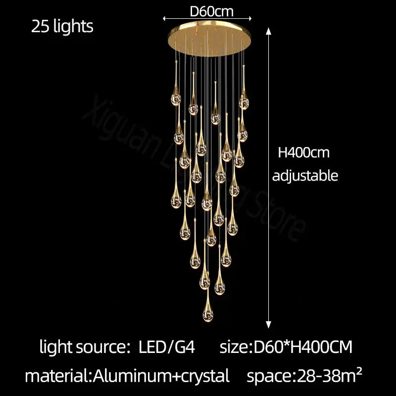 Modern gold decorbites crystal bubble chandelier with 25 crystal teardrop pendants and aluminum ceiling mount for dining room