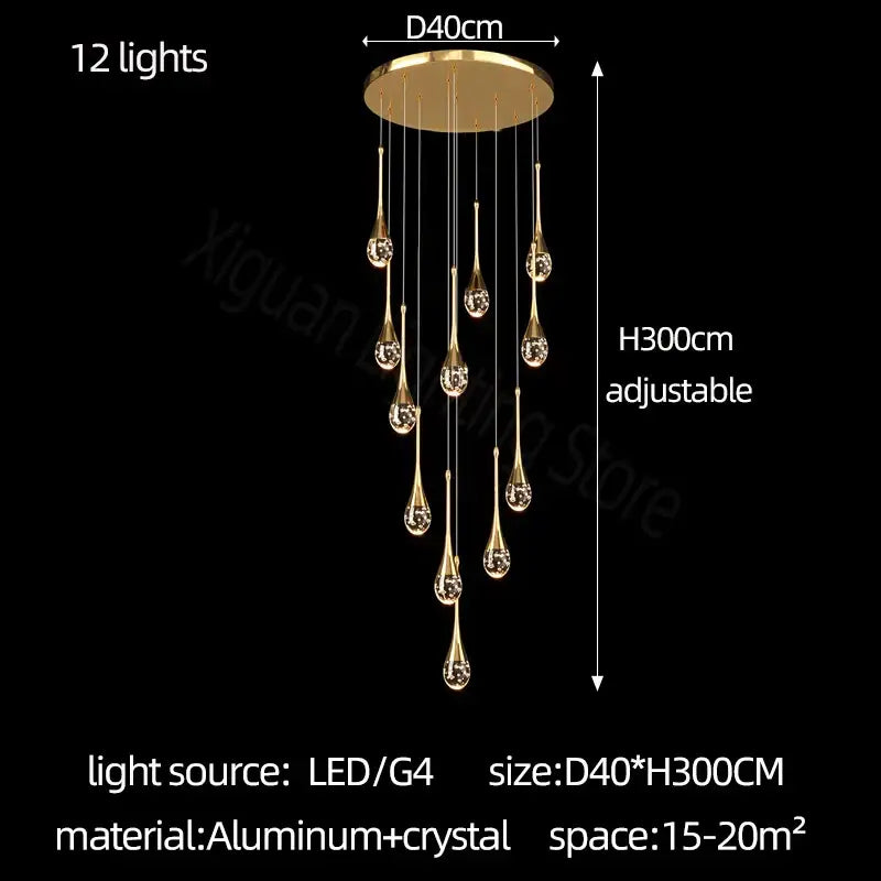 Modern gold crystal bubble chandelier with 12 teardrop-shaped crystal pendants on aluminum base for dining room decorbites crystal bubble