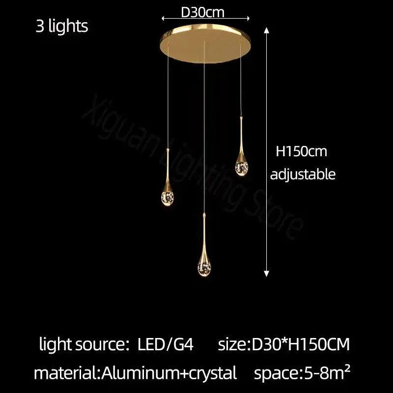 Modern gold crystal bubble chandelier with three teardrop-shaped crystal lights and aluminum ceiling plate by decorbites crystal bubble