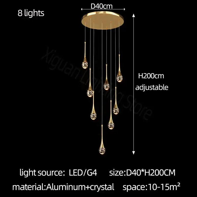 Modern gold crystal bubble chandelier with eight teardrop pendants suspended from aluminum ceiling mount by decorbites crystal bubble
