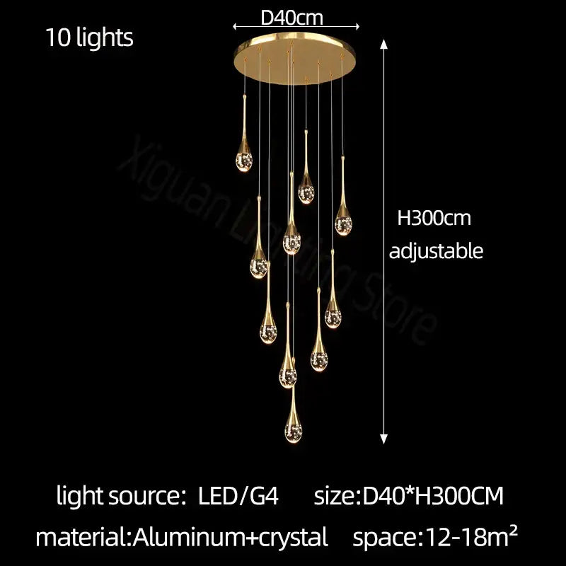 Modern gold crystal bubble chandelier with ten teardrop crystal pendants on aluminum base for dining room decorbites crystal bubble