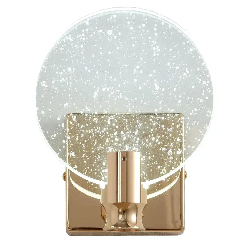 Glossy gold finished modern wall lamp with decorbites crystal bubble glass diffuser and square base for luxury bedroom lighting