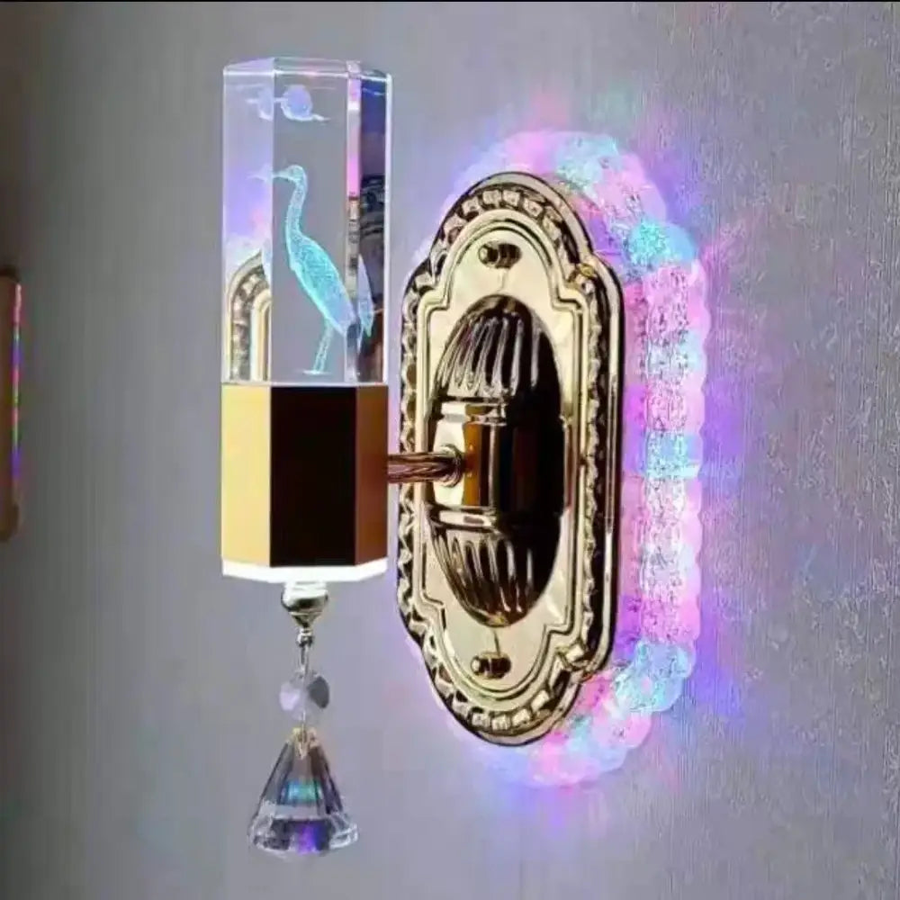 Modern gold crystal carved flower wall light with ornate backplate and blue heron silhouette for bedroom decorbites carved flower wall decor