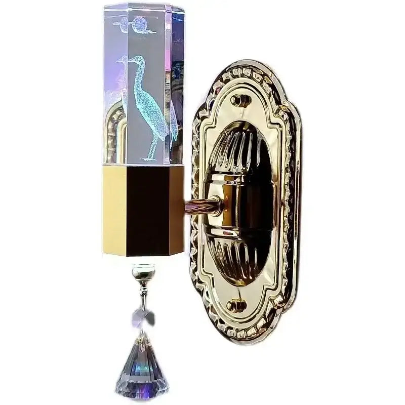 Elegant gold wall light with carved flower design featuring a blue heron and turtle in crystal housing decorbites carved flower wall