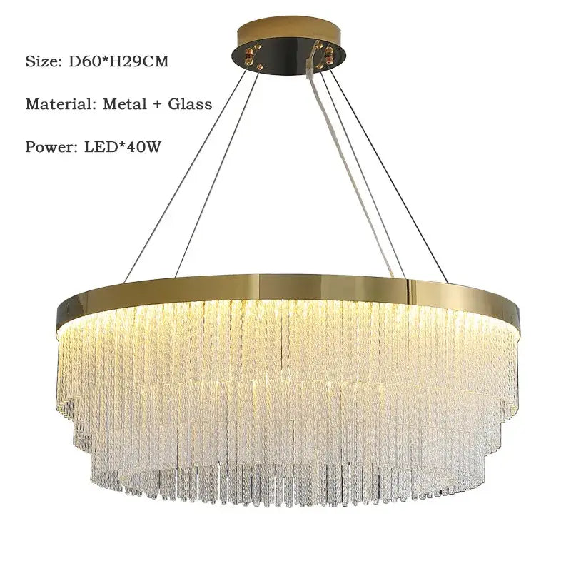 Modern gold crystal ceiling chandelier pendant light with brass frame and cascading clear glass crystal strands for dining room decorbites crystal ceiling