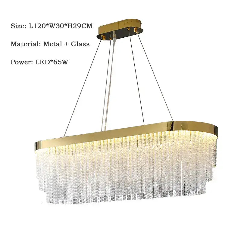 Modern gold crystal ceiling chandelier pendant light with gold-toned oval frame and cascading clear glass crystal strands