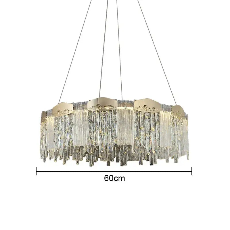 Modern gold crystal ceiling chandelier with a 60cm circular frame and cascading clear prisms for dining room decorbites crystal ceiling