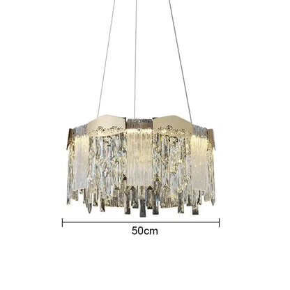 Modern gold crystal ceiling chandelier with circular frame and cascading clear prisms for dining room decorbites crystal ceiling
