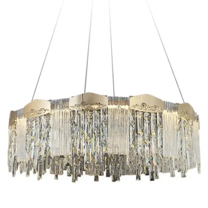 Modern gold crystal ceiling chandelier with brushed metal frame and cascading prisms for dining room decorbites crystal ceiling