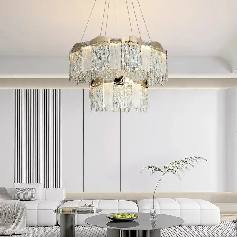 Modern gold crystal ceiling chandelier with cascading clear crystal prisms and sleek metallic frame for dining room decorbites crystal ceiling