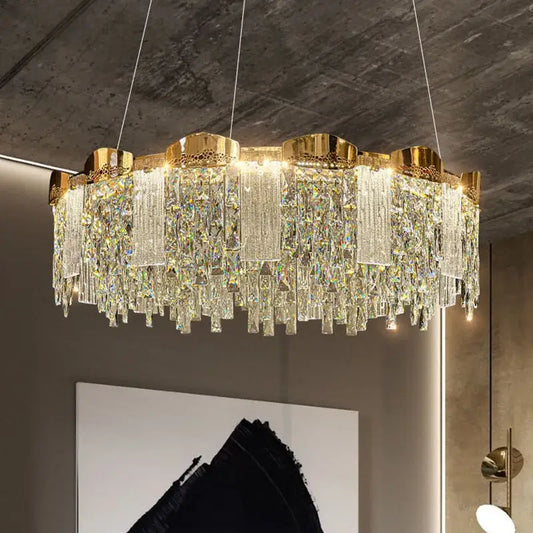 Modern gold crystal ceiling chandelier with cascading prisms and circular design for dining room decorbites crystal ceiling