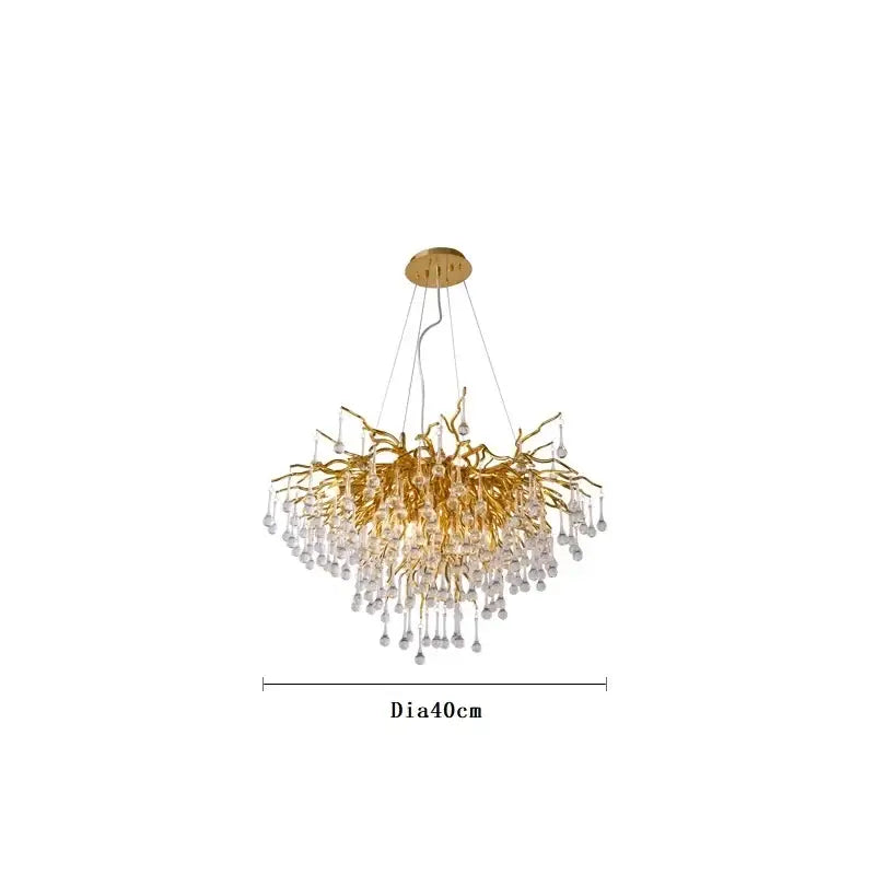 Modern gold crystal ceiling chandelier with intricate branch design and clear crystal droplets by decorbites crystal ceiling