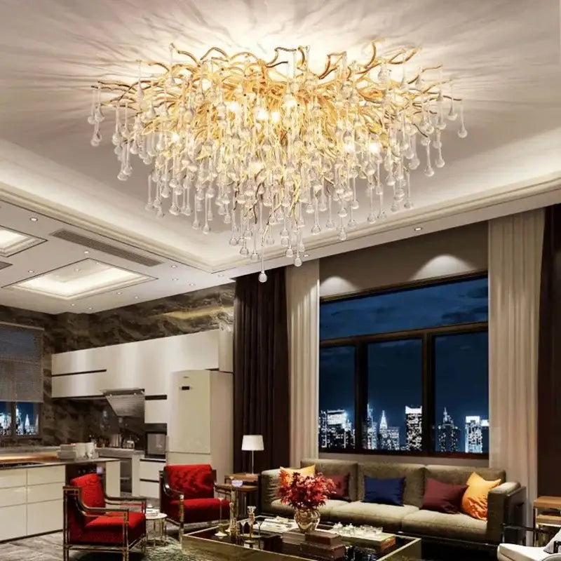 Modern gold crystal ceiling chandelier with branch design and dangling crystals for living room decorbites crystal ceiling