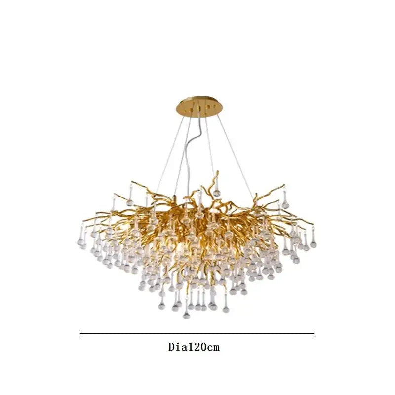 Modern gold crystal ceiling chandelier with intricate branch design and clear crystal droplets by decorbites crystal ceiling