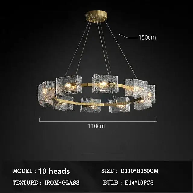 Modern gold crystal ceiling chandelier with ten frosted glass cube lights by decorbites for living room decor