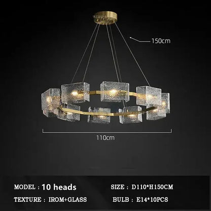 Modern gold crystal ceiling chandelier with ten frosted glass cube lights by decorbites for living room decor