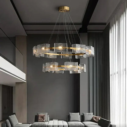 Modern gold crystal ceiling chandelier featuring double-tier textured glass cubes and metal frames for living room decorbites crystal ceiling