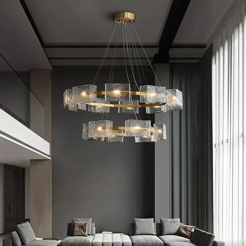 Modern gold crystal ceiling chandelier featuring double-tier textured glass cubes and metal frames for living room decorbites crystal ceiling