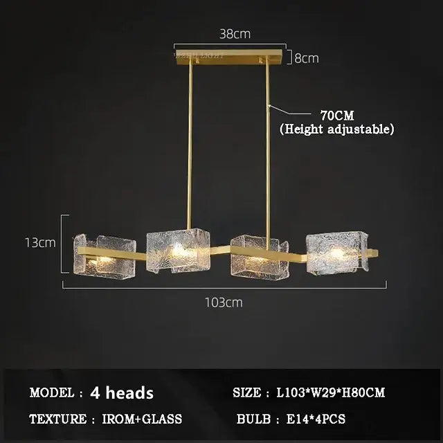 Modern gold decorbites crystal ceiling chandelier with four frosted glass cube lights and slender metal rods