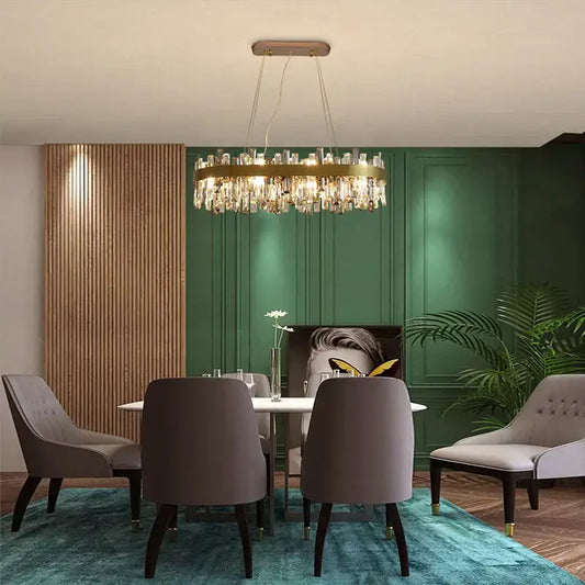 Modern gold crystal ceiling chandelier with circular frame and hanging crystal droplets by decorbites for living room decorbites crystal ceiling