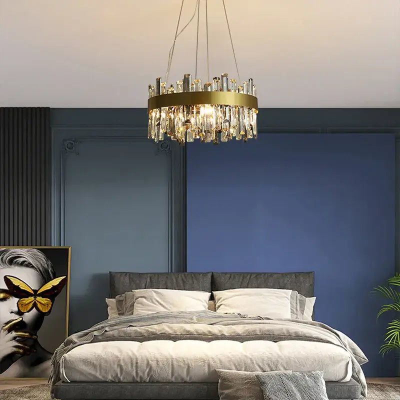 Modern gold crystal ceiling chandelier with circular frame and hanging clear glass rods for living room decorbites crystal ceiling