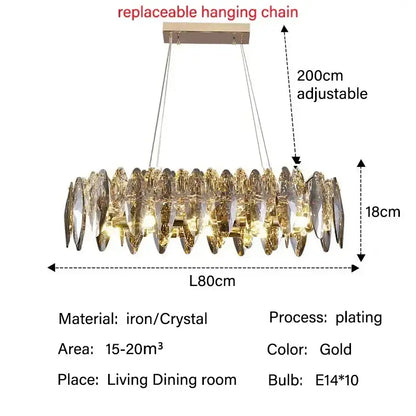 Modern gold crystal ceiling chandelier with leaf-like crystal shades and replaceable hanging chain by decorbites crystal ceiling