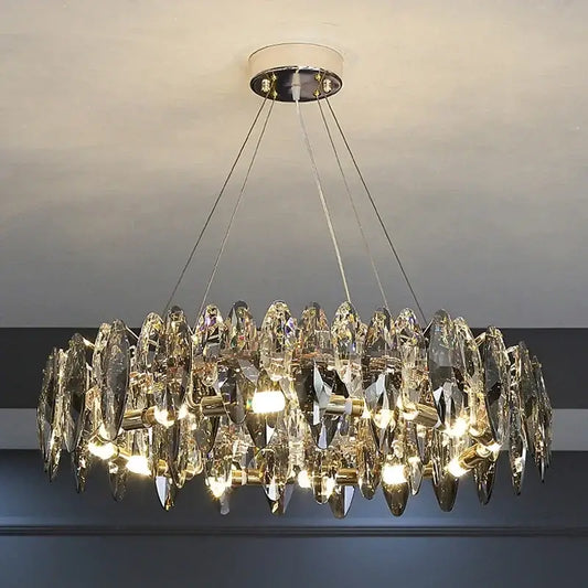 Modern gold crystal ceiling chandelier with circular design featuring clear crystal leaves by decorbites crystal ceiling