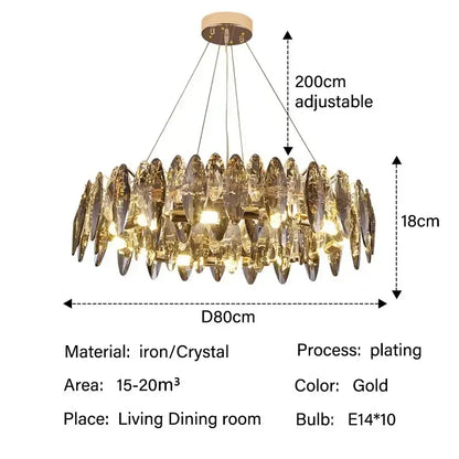 Modern gold crystal ceiling chandelier with leaf pendant shades and 200cm adjustable hanging length by decorbites crystal ceiling