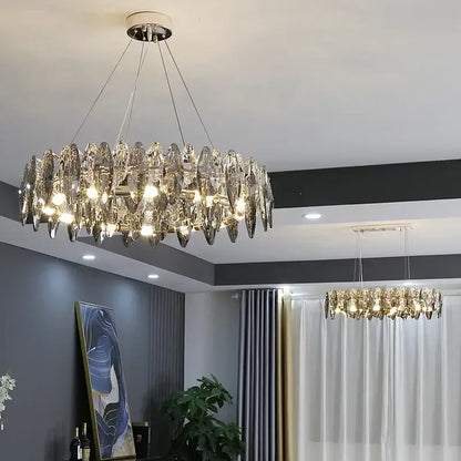 Modern gold crystal ceiling chandelier with circular design clear faceted glass and decorbites crystal ceiling accents