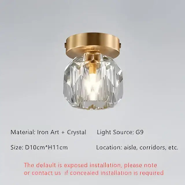 Modern gold crystal ceiling lights featuring a faceted crystal globe and iron base for elegant bedroom decor