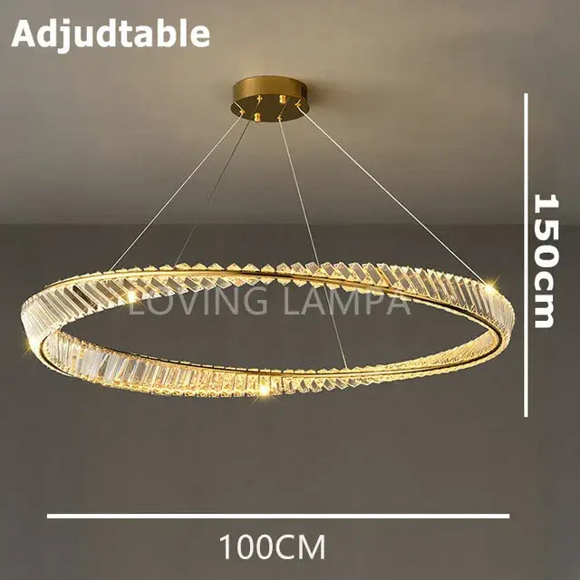 Modern gold crystal ceiling pendant light with adjustable ring chandelier and faceted crystal segments 150cm drop