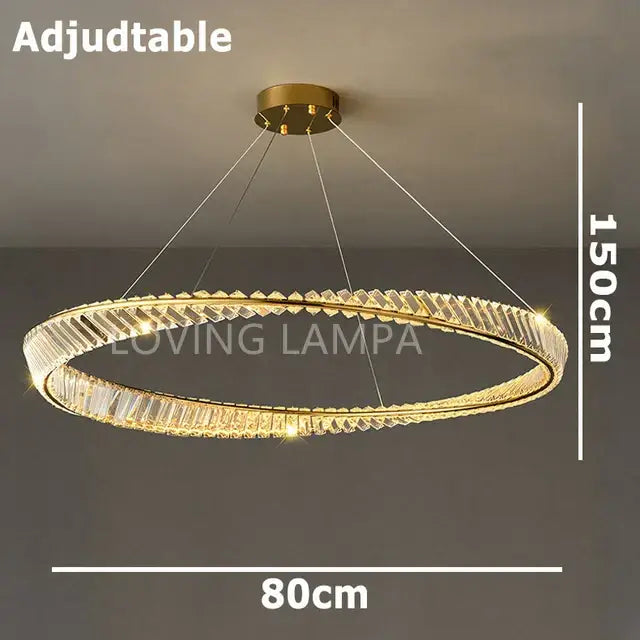 Modern gold crystal ceiling pendant light with adjustable gold-toned ring chandelier and led lighting for living room