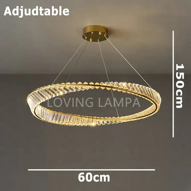Modern gold ceiling pendant light with adjustable ring chandelier and crystal accents 150cm drop for living room