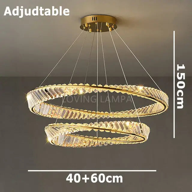 Modern gold double-ring ceiling pendant light with crystal accents and adjustable height for living room use