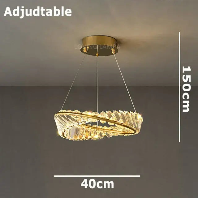 Modern gold ceiling pendant light with adjustable circular frame and faceted crystal accents for living room use