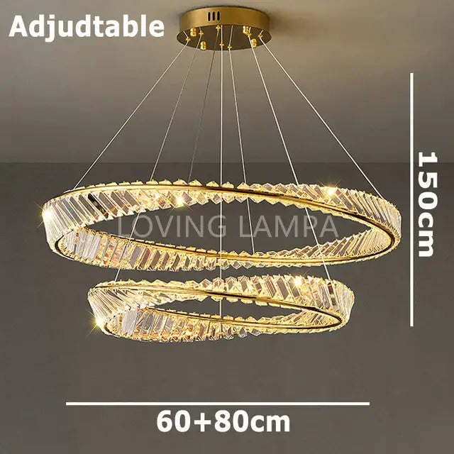 Modern gold crystal ceiling pendant light featuring a gold-toned double-ring chandelier with faceted crystals and adjustable length