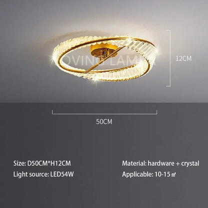 Modern gold crystal ceiling pendant light with two intertwined rings and central led bulb 50cm diameter