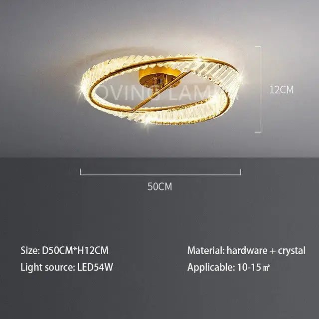 Modern gold crystal ceiling pendant light with two intertwined rings and central led bulb 50cm diameter