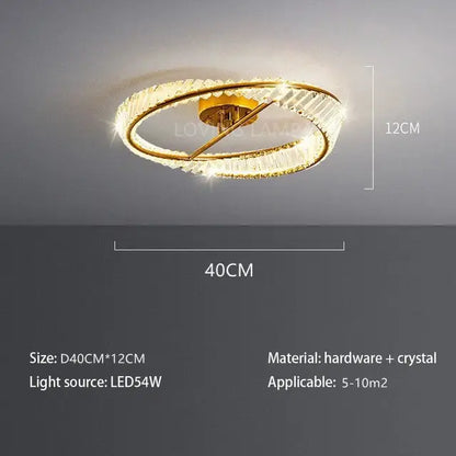 Modern gold crystal ceiling pendant light with two concentric rings and sparkling crystal accents for living room