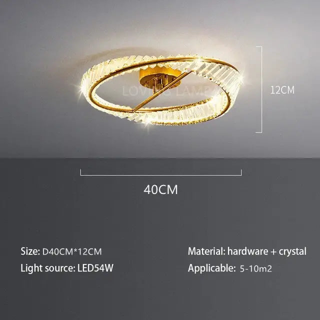 Modern gold crystal ceiling pendant light with two concentric rings and sparkling crystal accents for living room