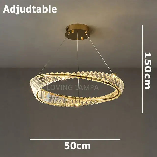 Modern gold ceiling pendant light with faceted crystal rings and led lighting for living room use