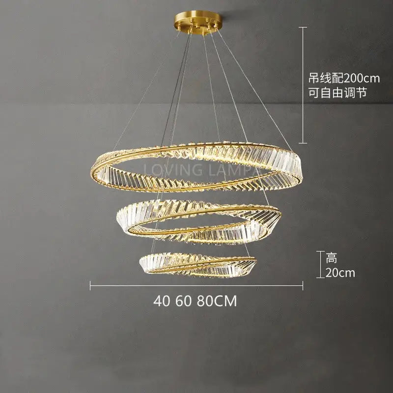 Modern gold ceiling pendant light with spiral design and crystal-encrusted rings for elegant living room lighting