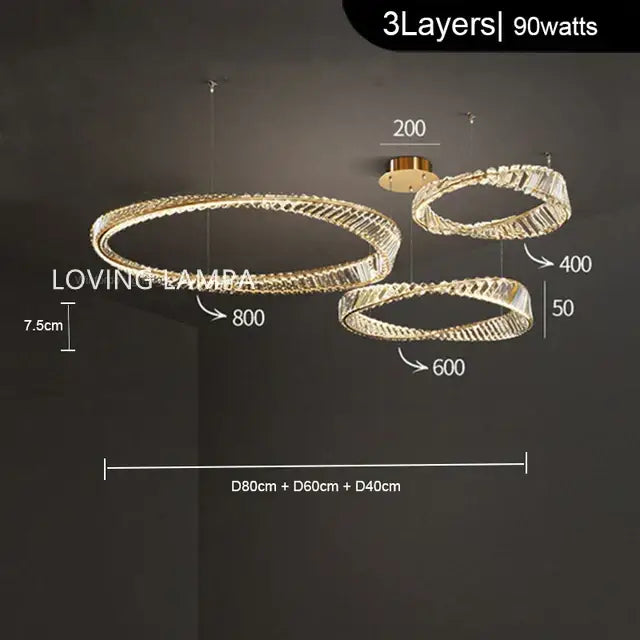 Modern gold ceiling pendant light with three-tiered crystal-encrusted rings for living room lighting
