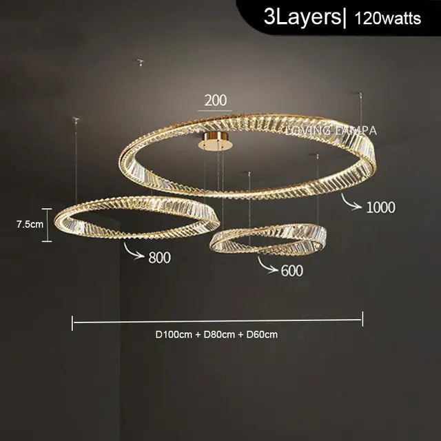 Modern gold crystal ceiling pendant light with three-tiered led rings in a circular design for living room